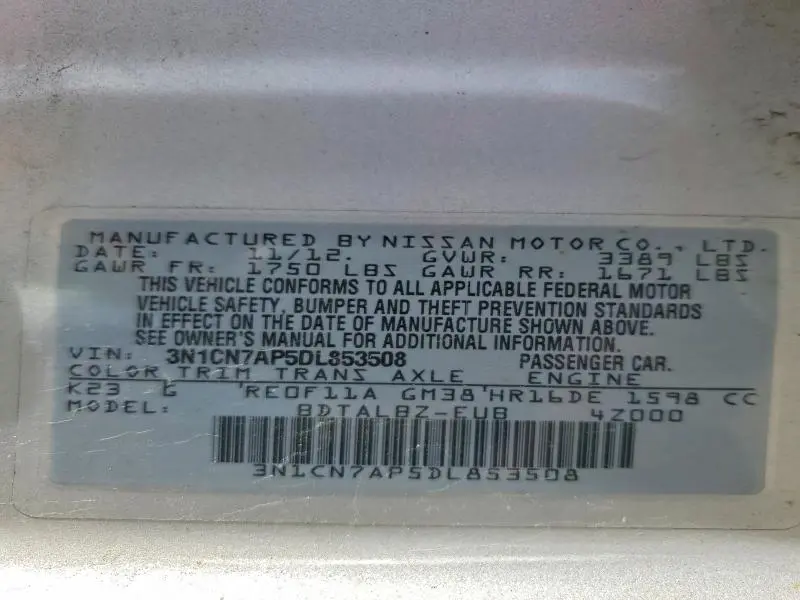 2013 NISSAN VERSA 1.6 S  