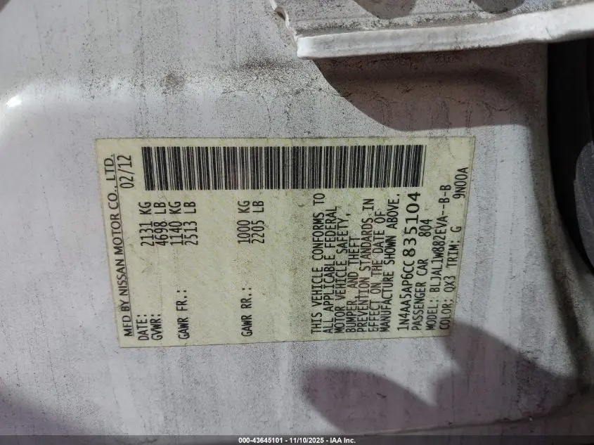 2012 NISSAN MAXIMA 3.5 SV