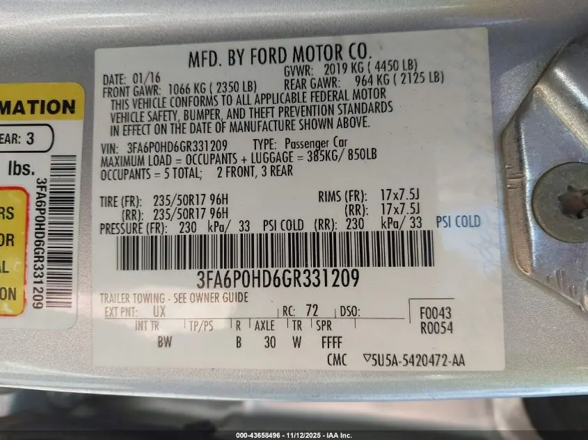 2016 FORD FUSION SE