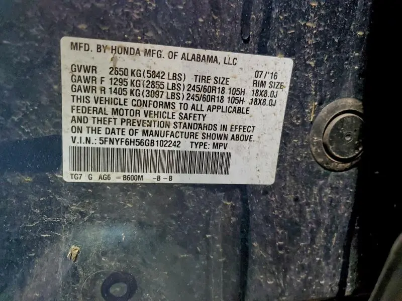 2016 HONDA PILOT EXL  