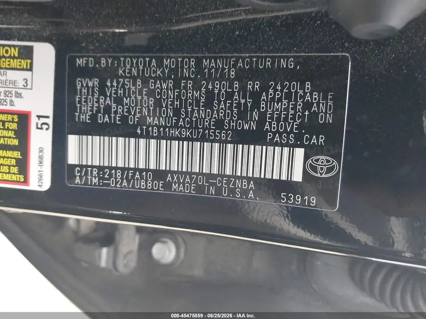 2019 TOYOTA CAMRY LE