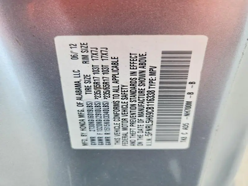 2012 HONDA ODYSSEY EXL  