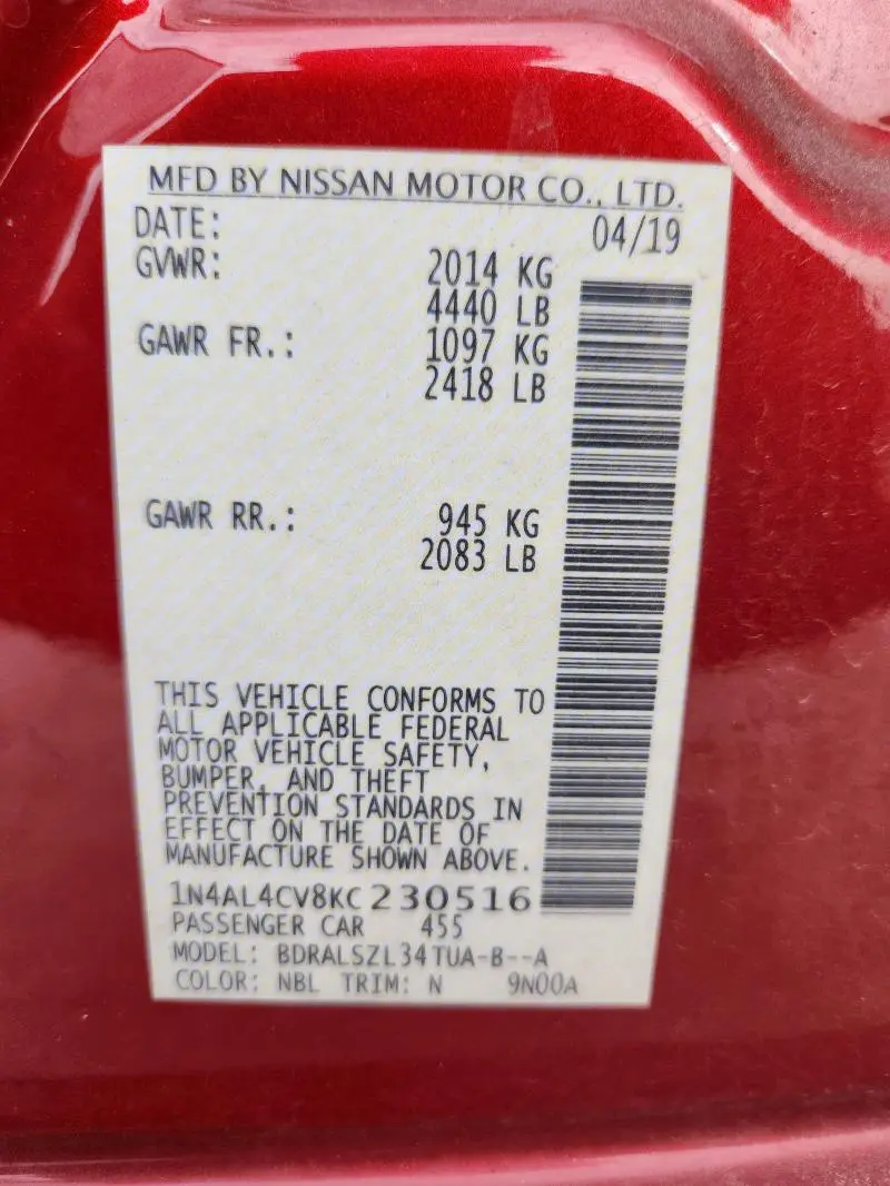 2019 NISSAN ALTIMA SR  