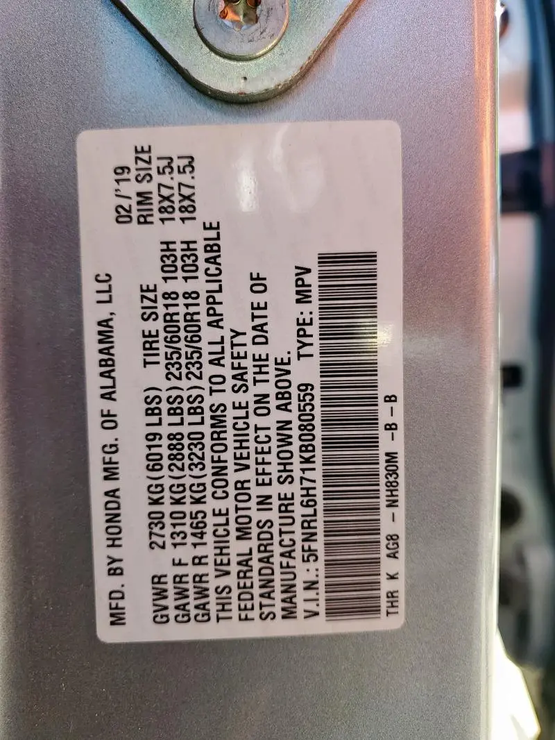 2019 HONDA ODYSSEY EXL  