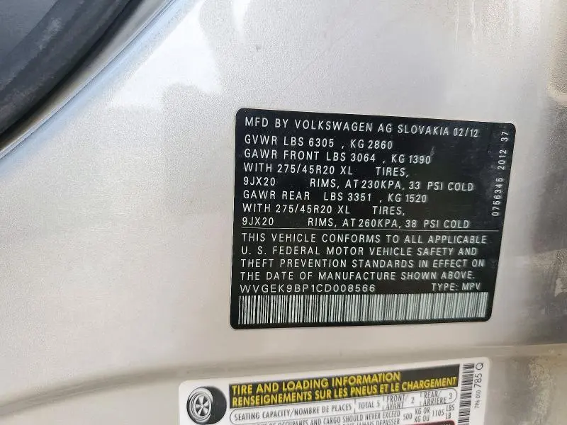 2012 VOLKSWAGEN TOUAREG V6 TDI  
