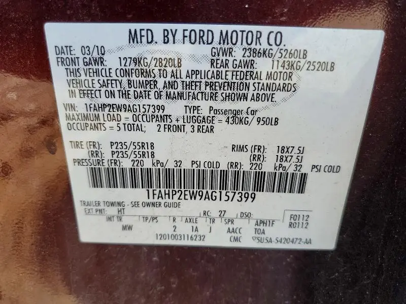 2010 FORD TAURUS SEL  