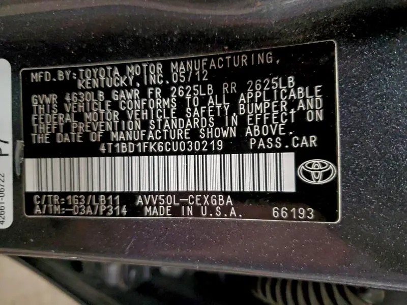 2012 TOYOTA CAMRY HYBRID  