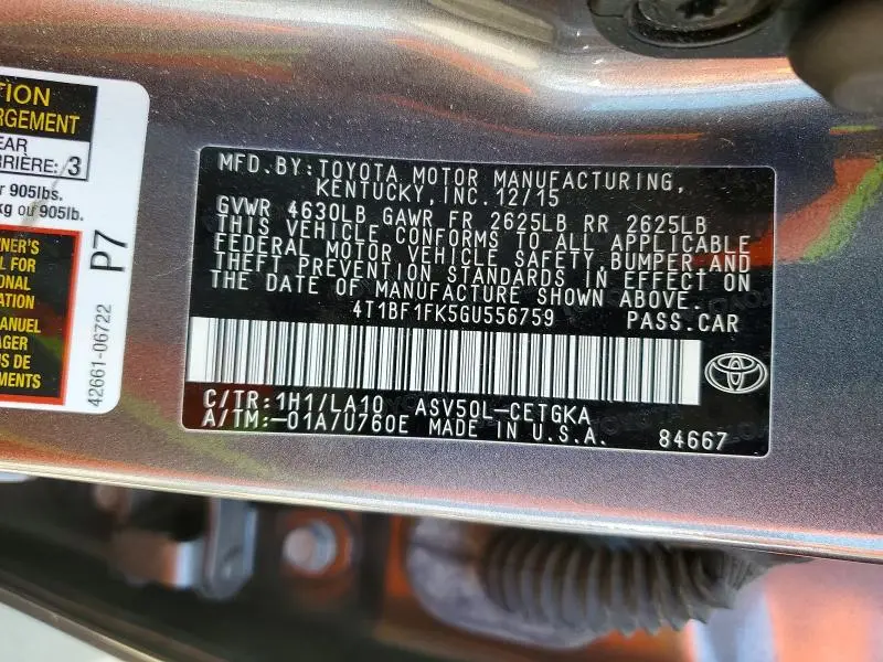 2016 TOYOTA CAMRY XLE  