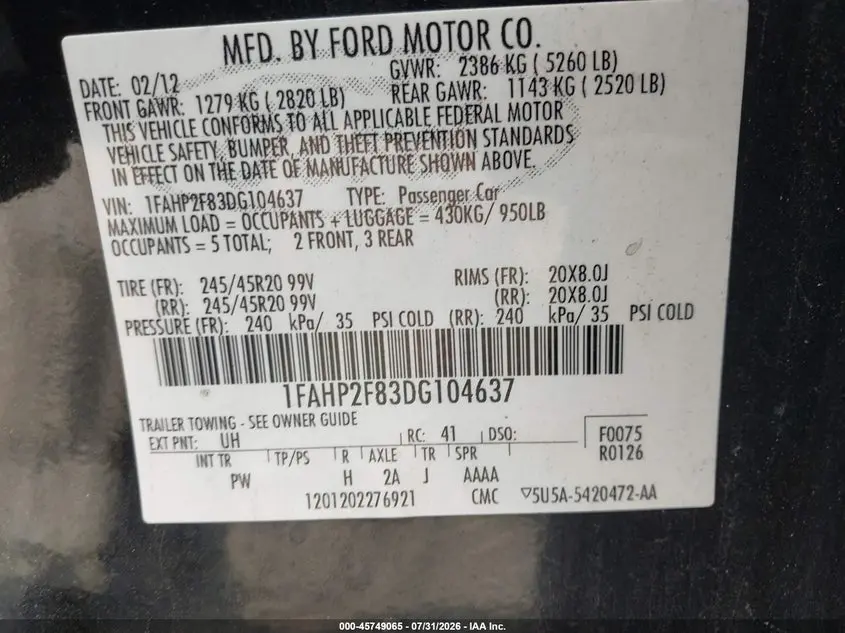 2013 FORD TAURUS LIMITED