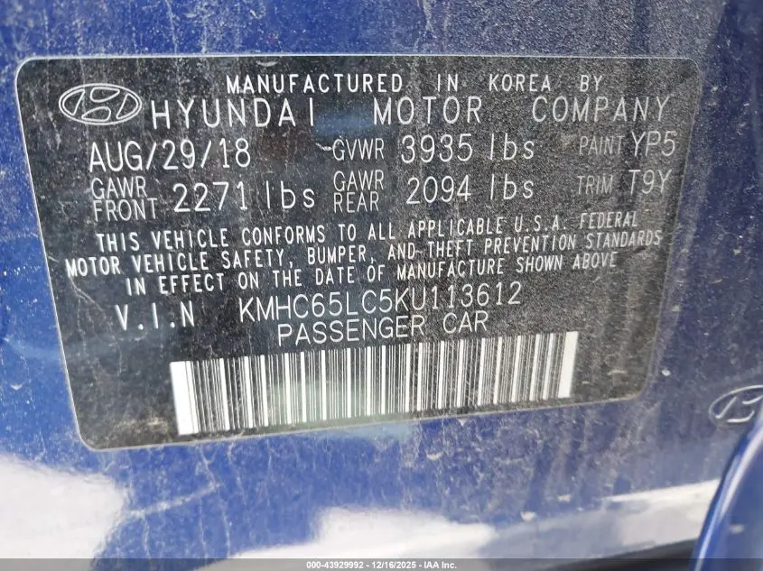 2019 HYUNDAI IONIQ HYBRID BLUE