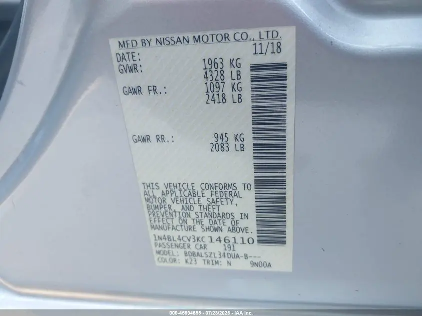 2019 NISSAN ALTIMA 2.5 SR