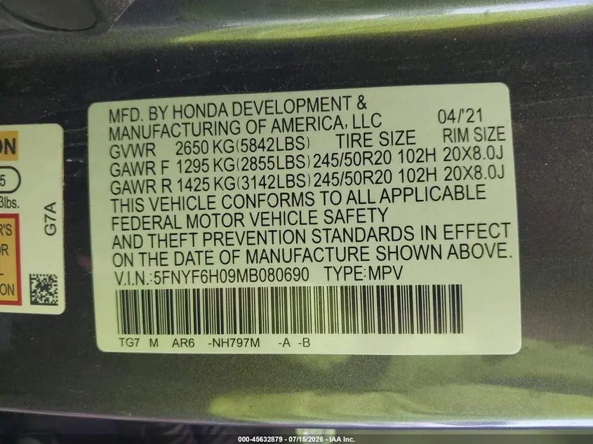2021 HONDA PILOT AWD ELITE