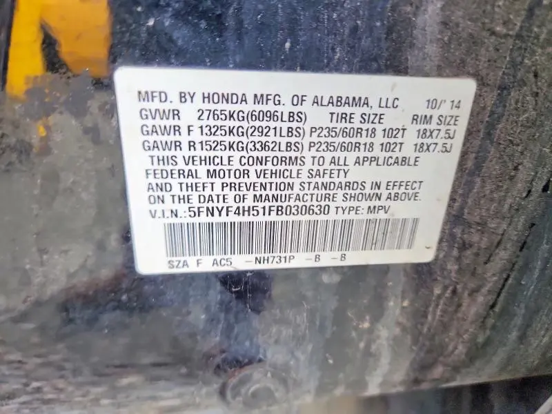2015 HONDA PILOT EXL  