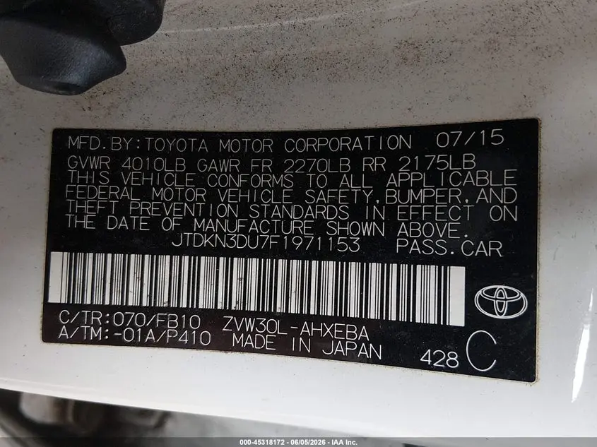 2015 TOYOTA PRIUS TWO