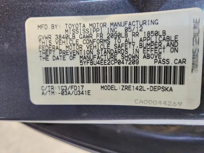 2012 TOYOTA COROLLA S  