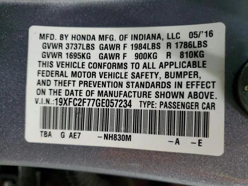 2016 HONDA CIVIC EX  