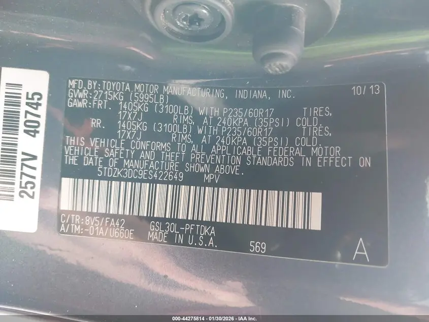 2014 TOYOTA SIENNA L V6 7 PASSENGER