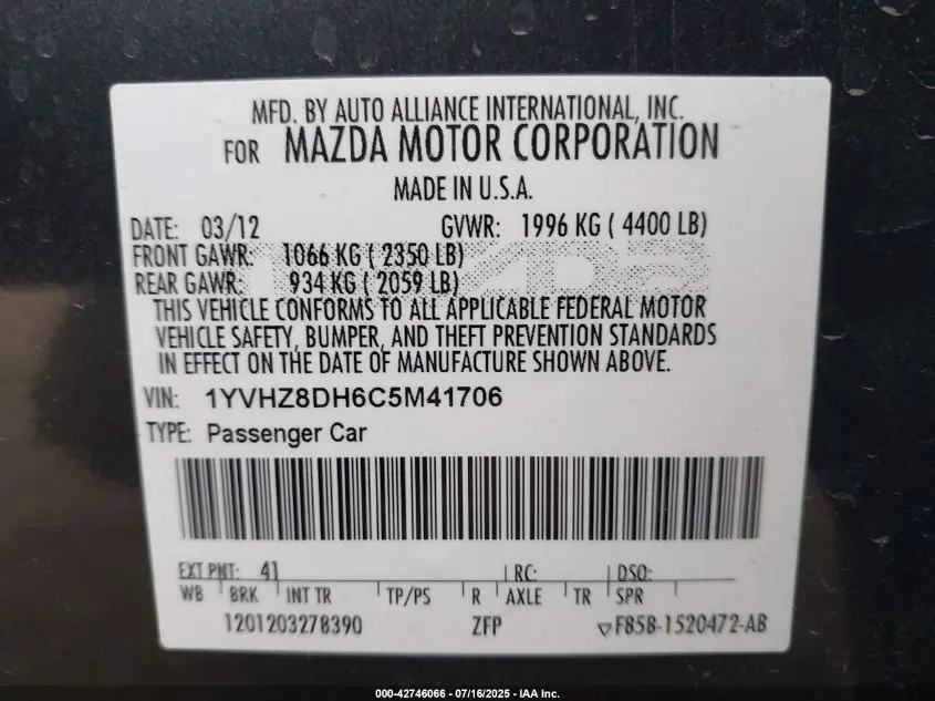 2012 MAZDA MAZDA6 I TOURING