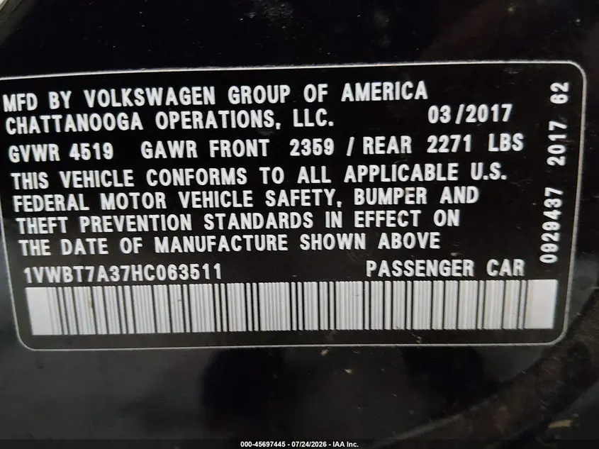 2017 VOLKSWAGEN PASSAT 1.8T SE