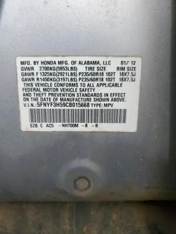 2012 HONDA PILOT EXL  