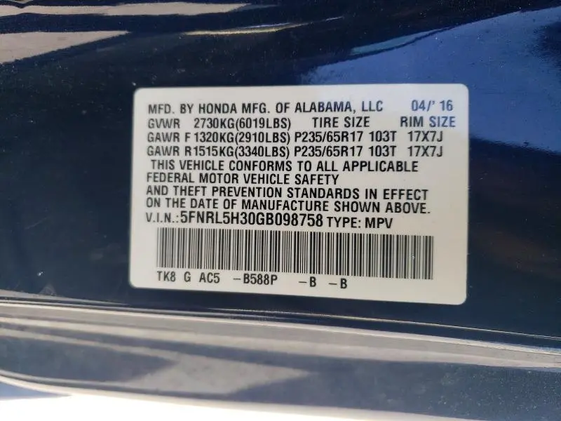 2016 HONDA ODYSSEY SE  