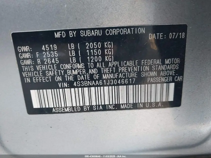 2018 SUBARU LEGACY 2.5I