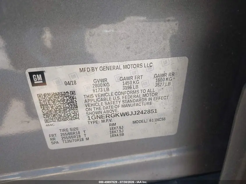 2018 CHEVROLET TRAVERSE LT CLOTH