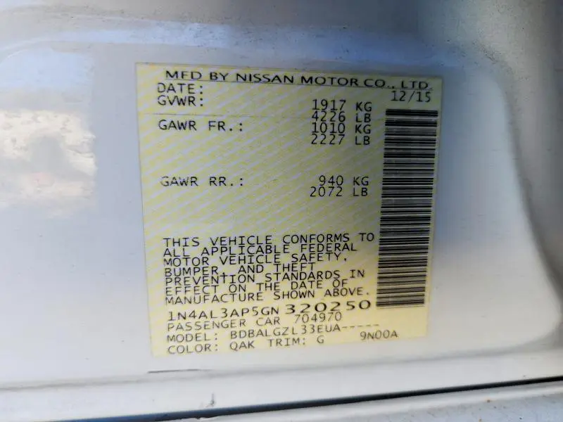 2016 NISSAN ALTIMA 2.5 S  