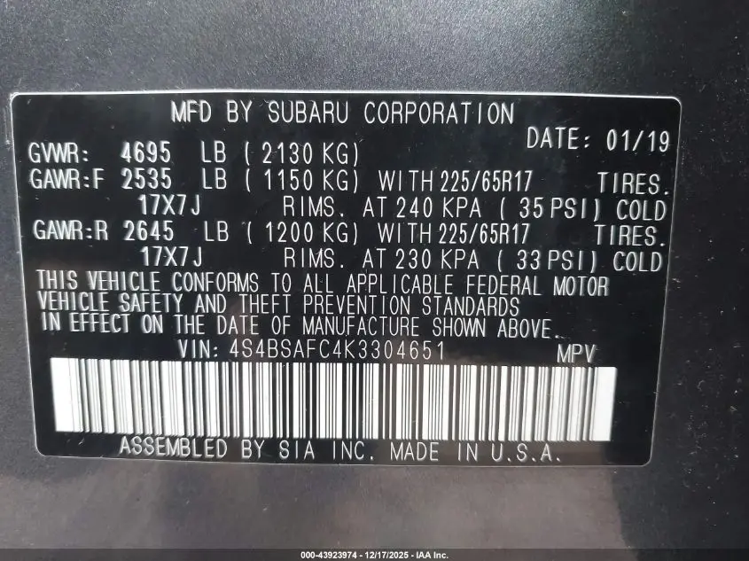 2019 SUBARU OUTBACK 2.5I PREMIUM