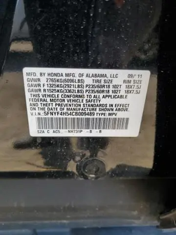 2012 HONDA PILOT EXL  