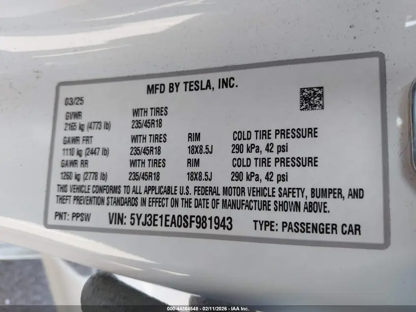 2025 TESLA MODEL 3 LONG RANGE REAR-WHEEL DRIVE/STANDARD REAR-WHEEL DRIVE
