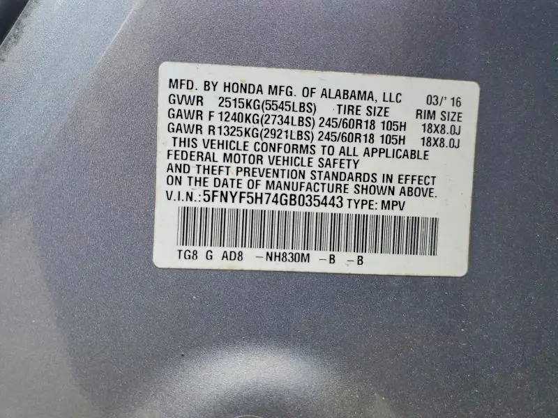 2016 HONDA PILOT EXLN  