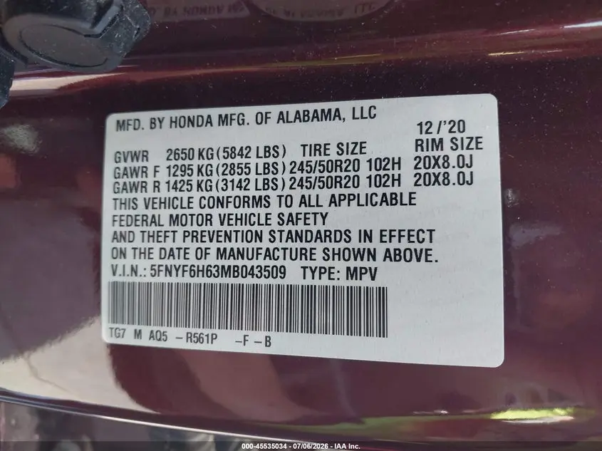 2021 HONDA PILOT AWD TOURING 7 PASSENGER