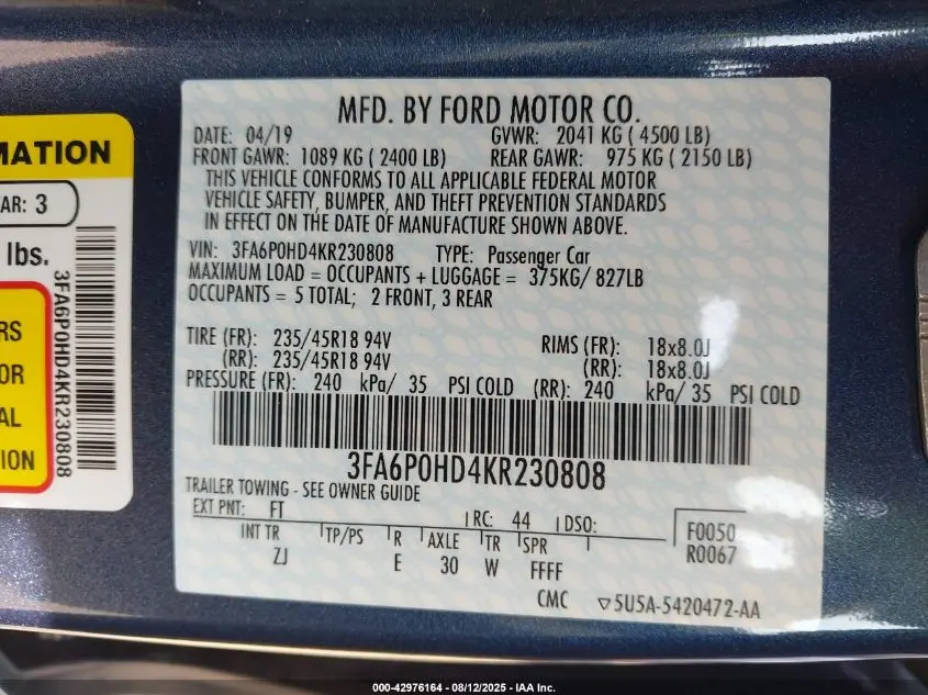 2019 FORD FUSION SE