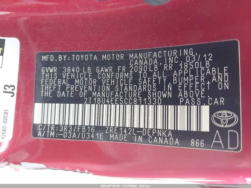 2012 TOYOTA COROLLA LE