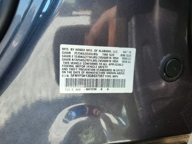 2016 HONDA PILOT LX  