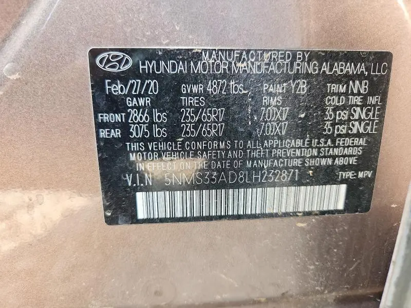 2020 HYUNDAI SANTA FE SEL  