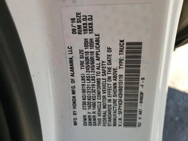 2017 HONDA RIDGELINE RTS  