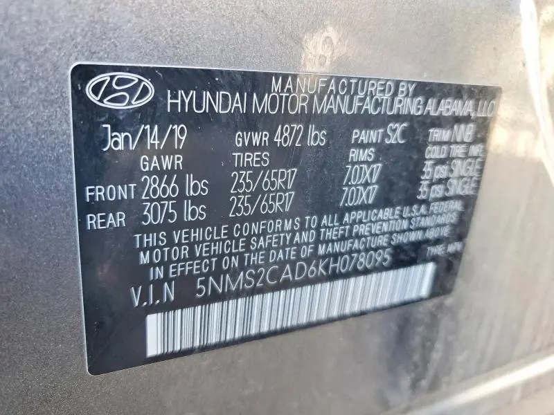 2019 HYUNDAI SANTA FE SE 2.4L  