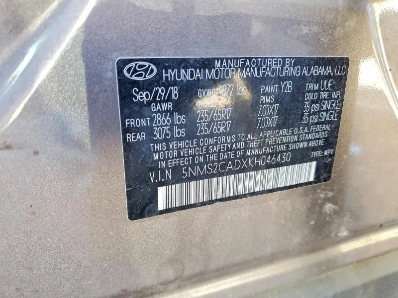 2019 HYUNDAI SANTA FE SE 2.4L  
