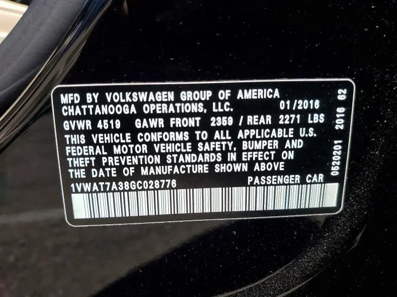 2016 VOLKSWAGEN PASSAT S  