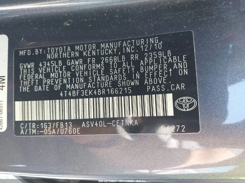 2011 TOYOTA CAMRY LE