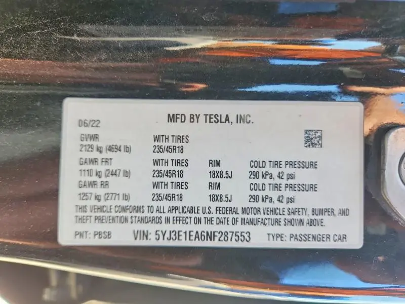 2022 TESLA MODEL 3   