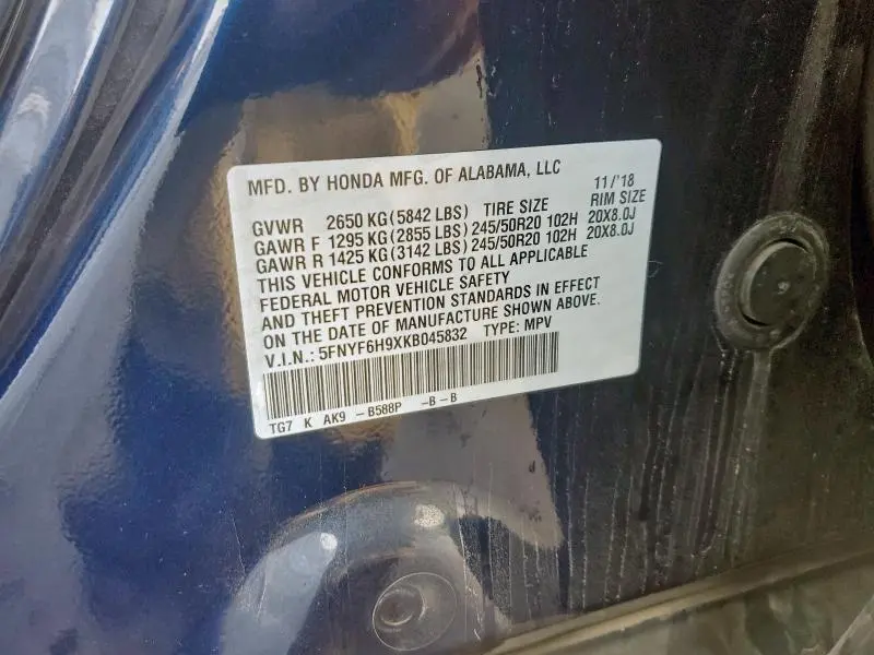 2019 HONDA PILOT TOURING  