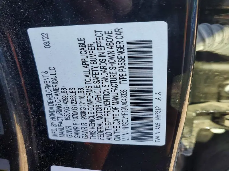 2022 HONDA ACCORD LX  