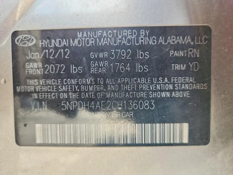 2012 HYUNDAI ELANTRA GLS  