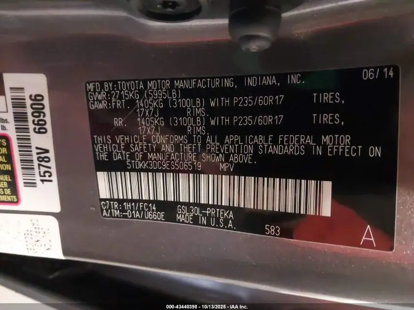 2014 TOYOTA SIENNA LE V6 8 PASSENGER