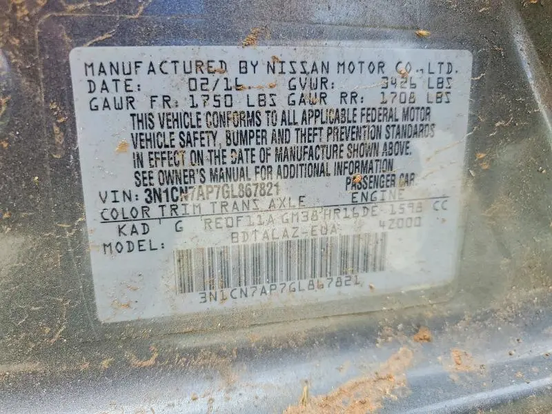 2016 NISSAN VERSA 1.6 S PLUS  
