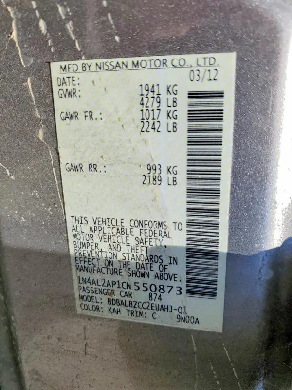 2012 NISSAN ALTIMA BASE/S  