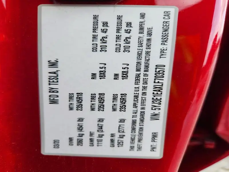 2020 TESLA MODEL 3   